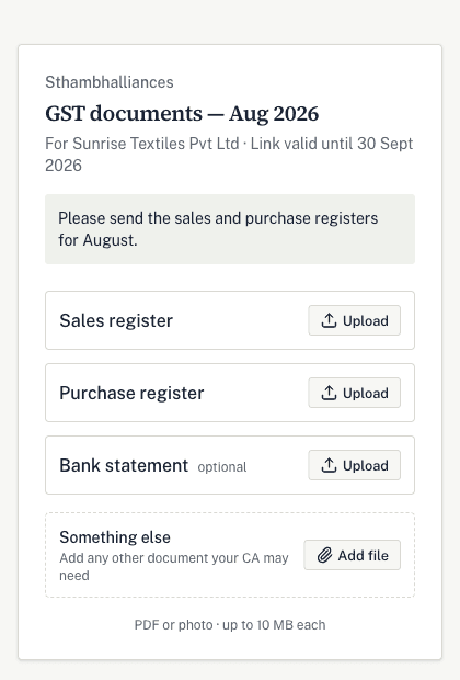 A client's phone browser showing requested documents and upload controls, with no login required.