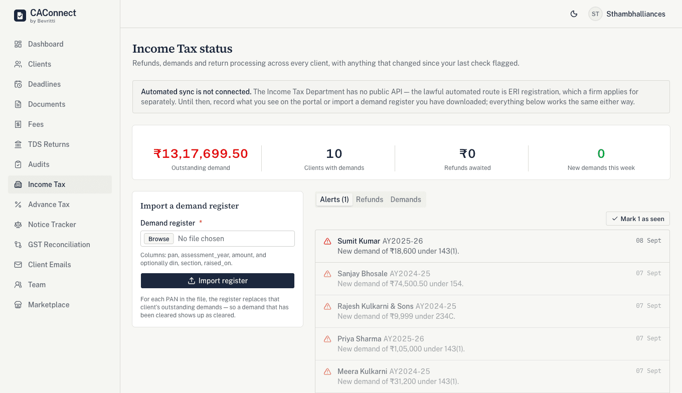 The Income Tax status alert feed: a fresh new demand for one client at the top of the list, with several already-seen demands from other clients below it.