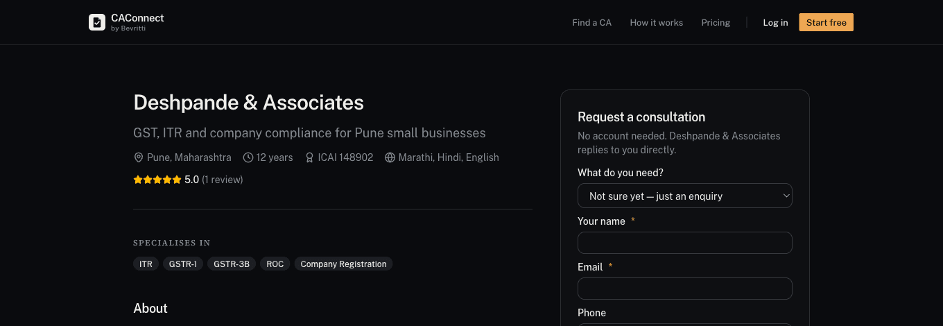 A public CA profile page showing the firm name, ICAI membership number, years of experience, languages, specialisations and a request-a-consultation form.