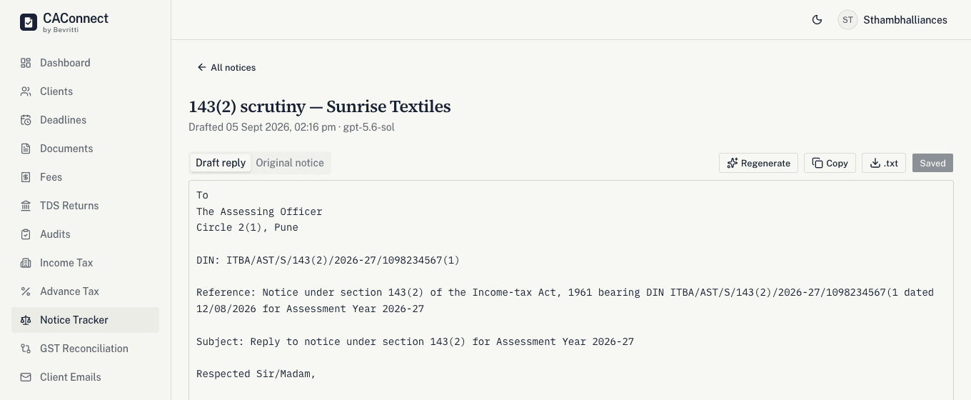 The notice drafter showing the generated draft reply for a 143(2) scrutiny notice, addressed to the Assessing Officer with the DIN, section and assessment year carried through from the notice.